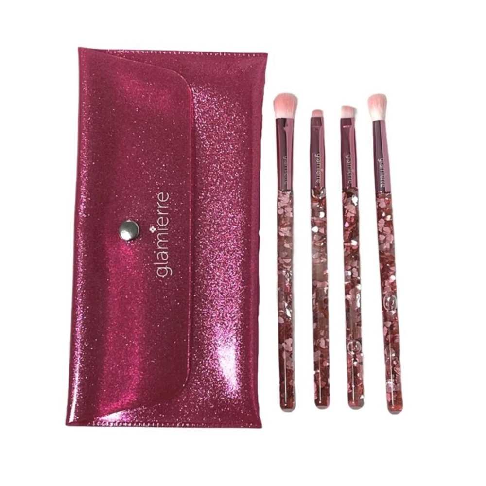 5 pc Makeup Brush Set & Case NEW! Pink Glitter Hearts